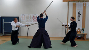 Unsui Sensei warding off two attackers with Nito-jutsu